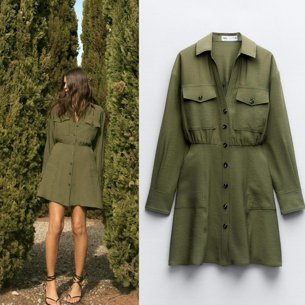 Zara Women's Utility Jacket Dress in Olive
